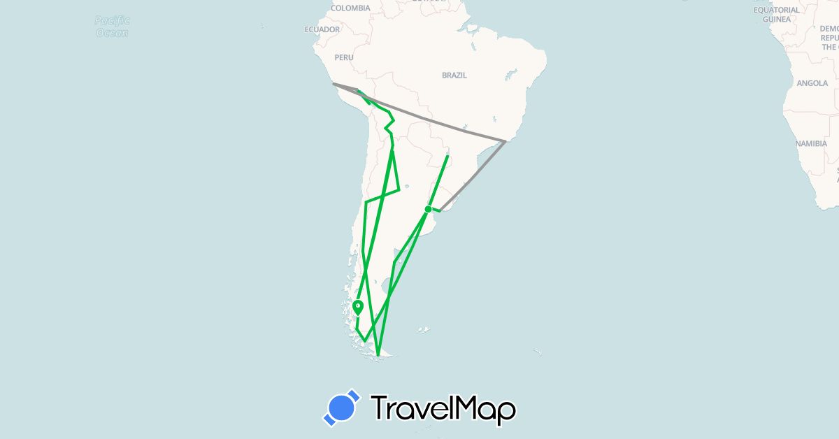 TravelMap itinerary: bus, plane, boat in Argentina, Bolivia, Brazil, Chile, Peru, Uruguay (South America)